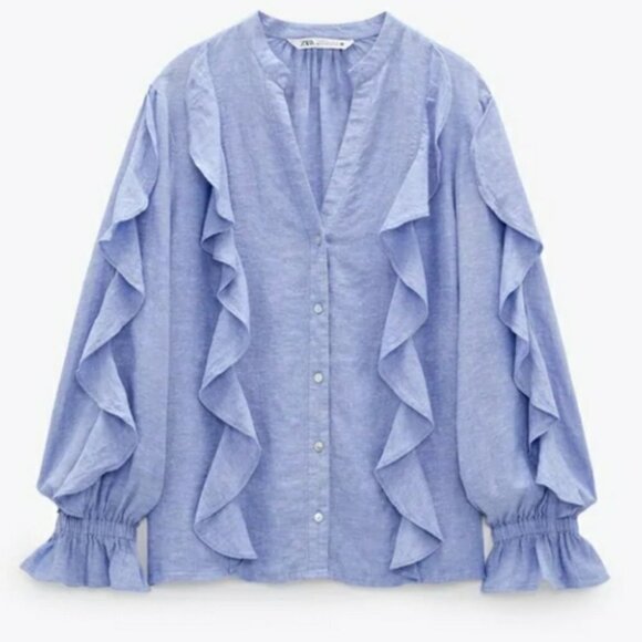 ZARA linen button down ruffle top - Picture 2 of 8